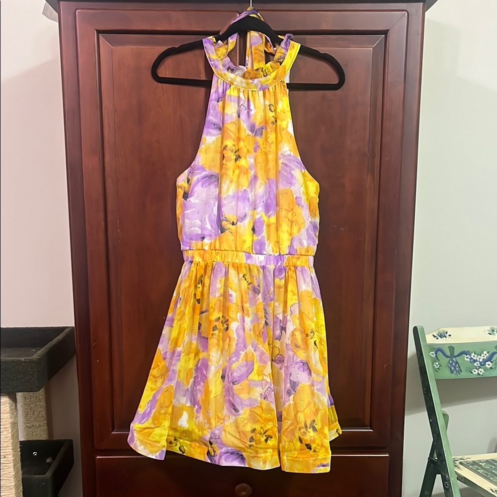 Versona Yellow and Purple Ruched Tie Halter Sundress